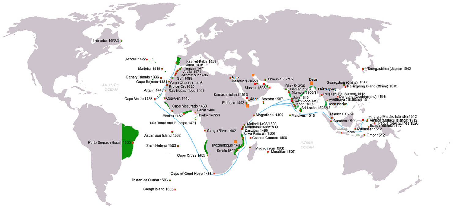 Portuguese discoveries and explorations: first arrival places and dates; main Portuguese spice trade routes in the Indian Ocean (blue); territories of the Portuguese empire under King John III rule (1521–1557) (green) - The Portuguese in Sri Lanka