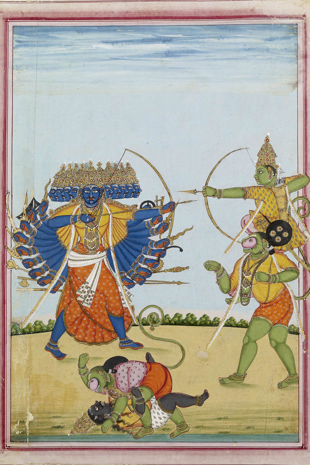 Rama seated on back of Hanuman (right) fights Ravana, c. 1820