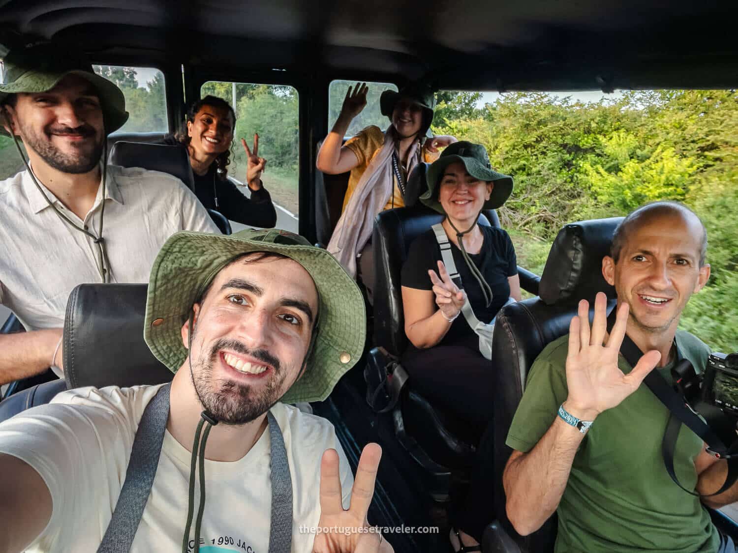 My safari group (from left to right) - Ricardo, Nithini, Ana, Sónia and Jorge, at the Yala National Park