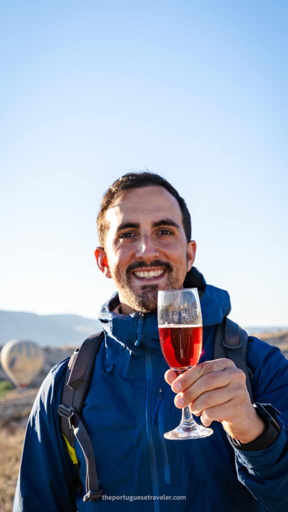 Champagne toast at the end of the hot air balloon tour in Cappadocia