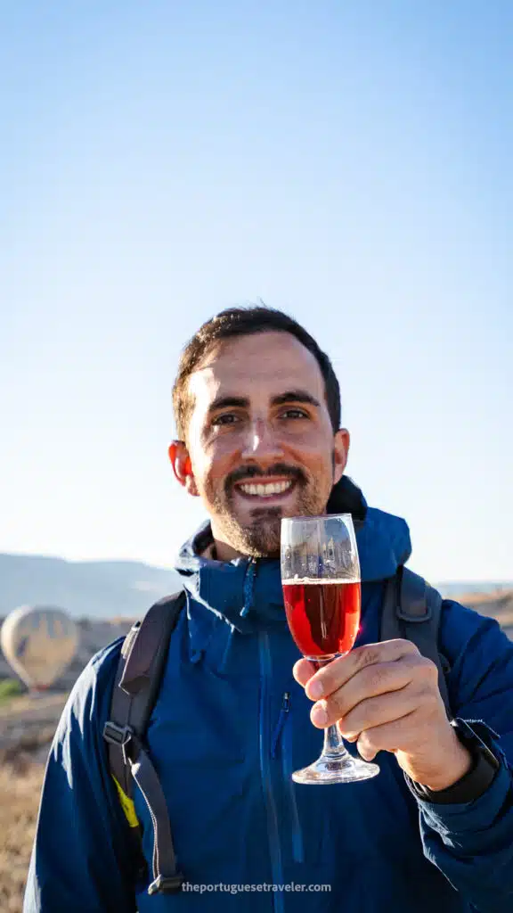 Champagne toast at the end of the hot air balloon tour in Cappadocia
