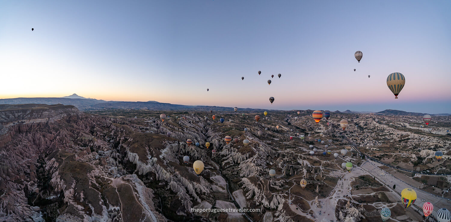 A panorama of the blue hour in the hot air balloon