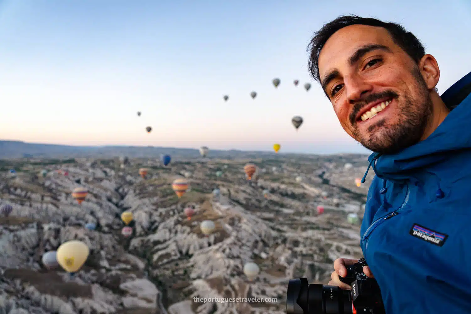Me at sunrise on the hot air balloon in Cappadocia, after 10 years of planning
