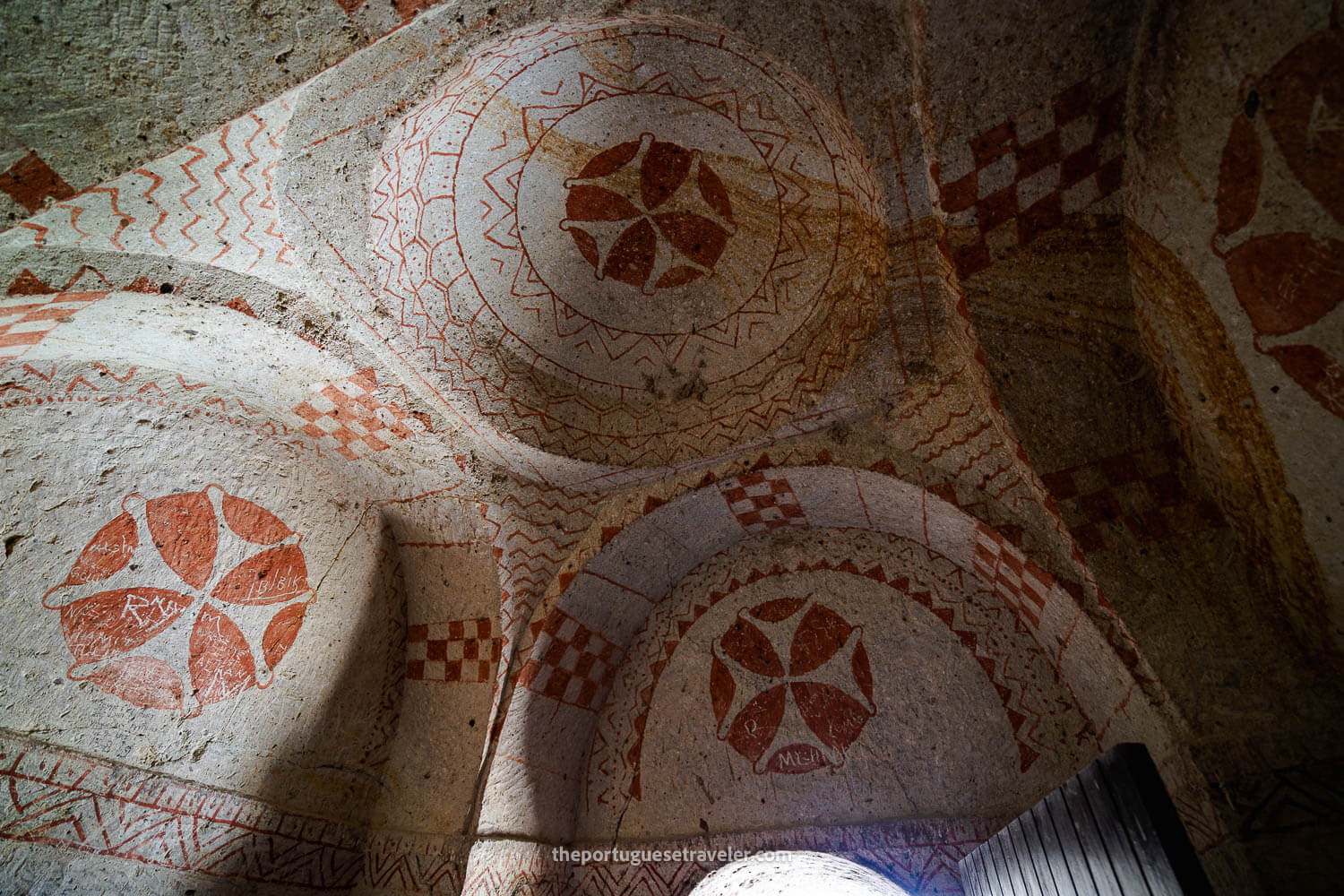 The painted vaulted ceiling of a church in the Goreme Open Air Museum