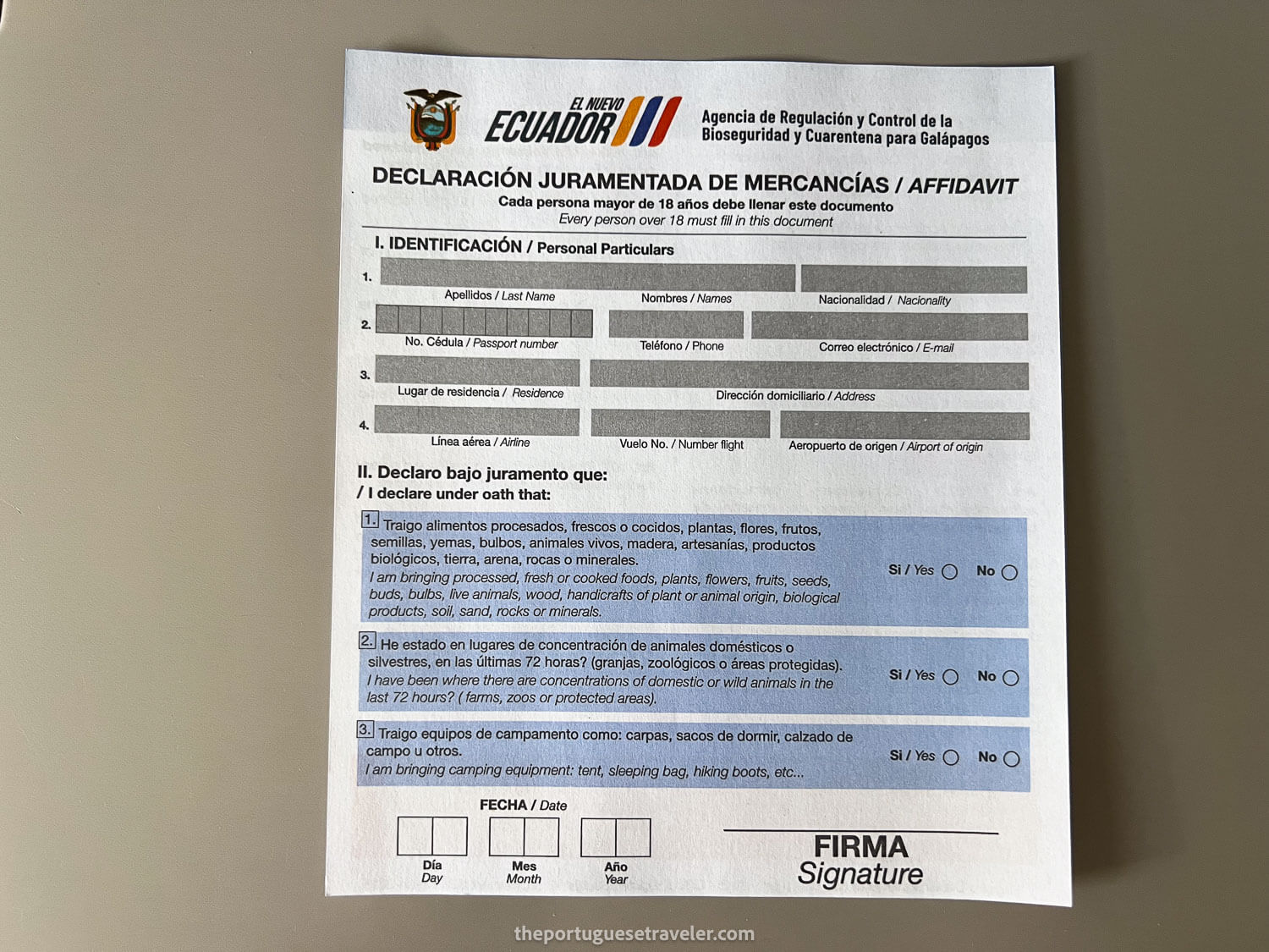 Affidavit document to enter Galapagos - customs declaration of goods