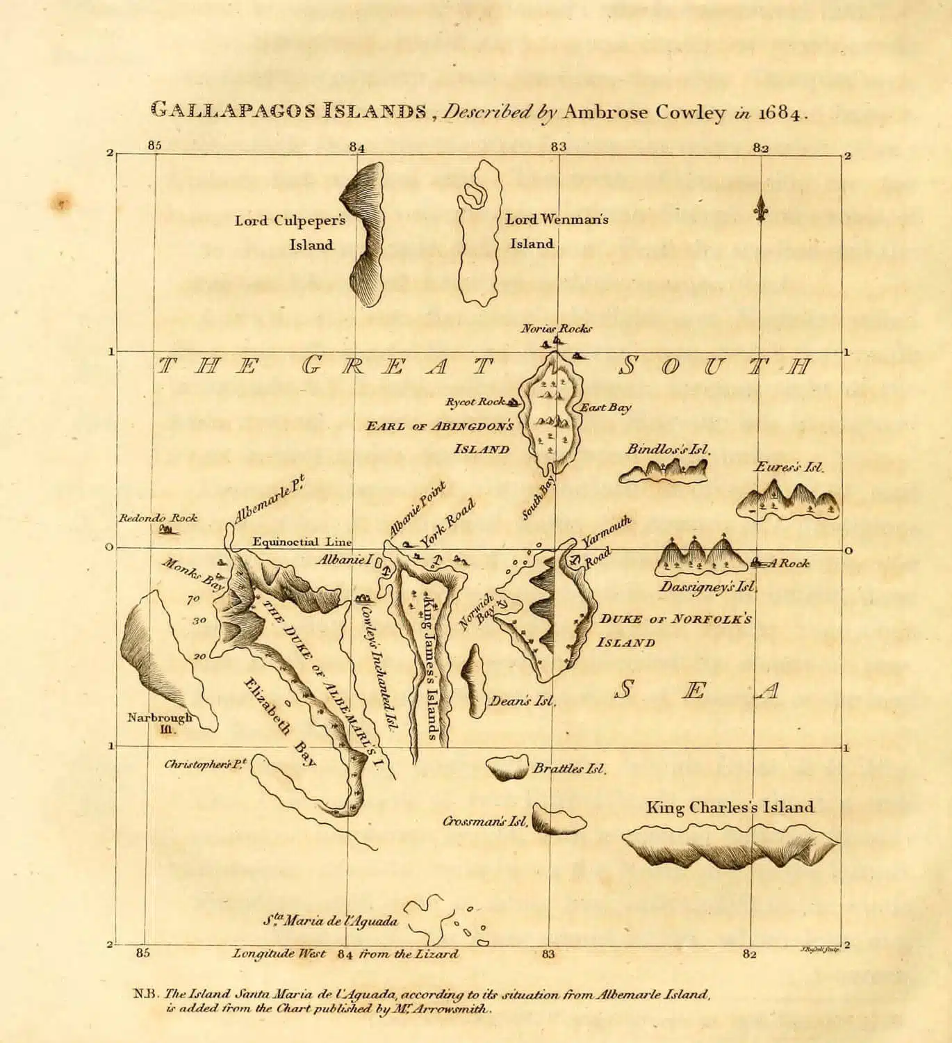 The chart of the Galapagos published by the English pirate William Ambrosia Cowley in 1684 - Galapagos Islands Myths