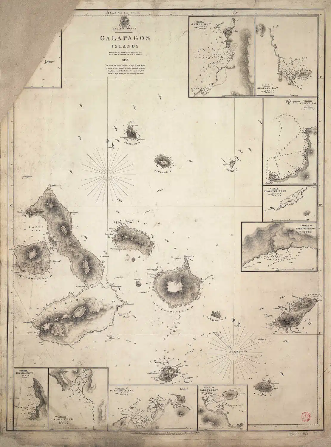The 1841 Admiralty chart drafted from FitzRoy's survey of the islands on HMS Beagle - Galapagos Islands Myths