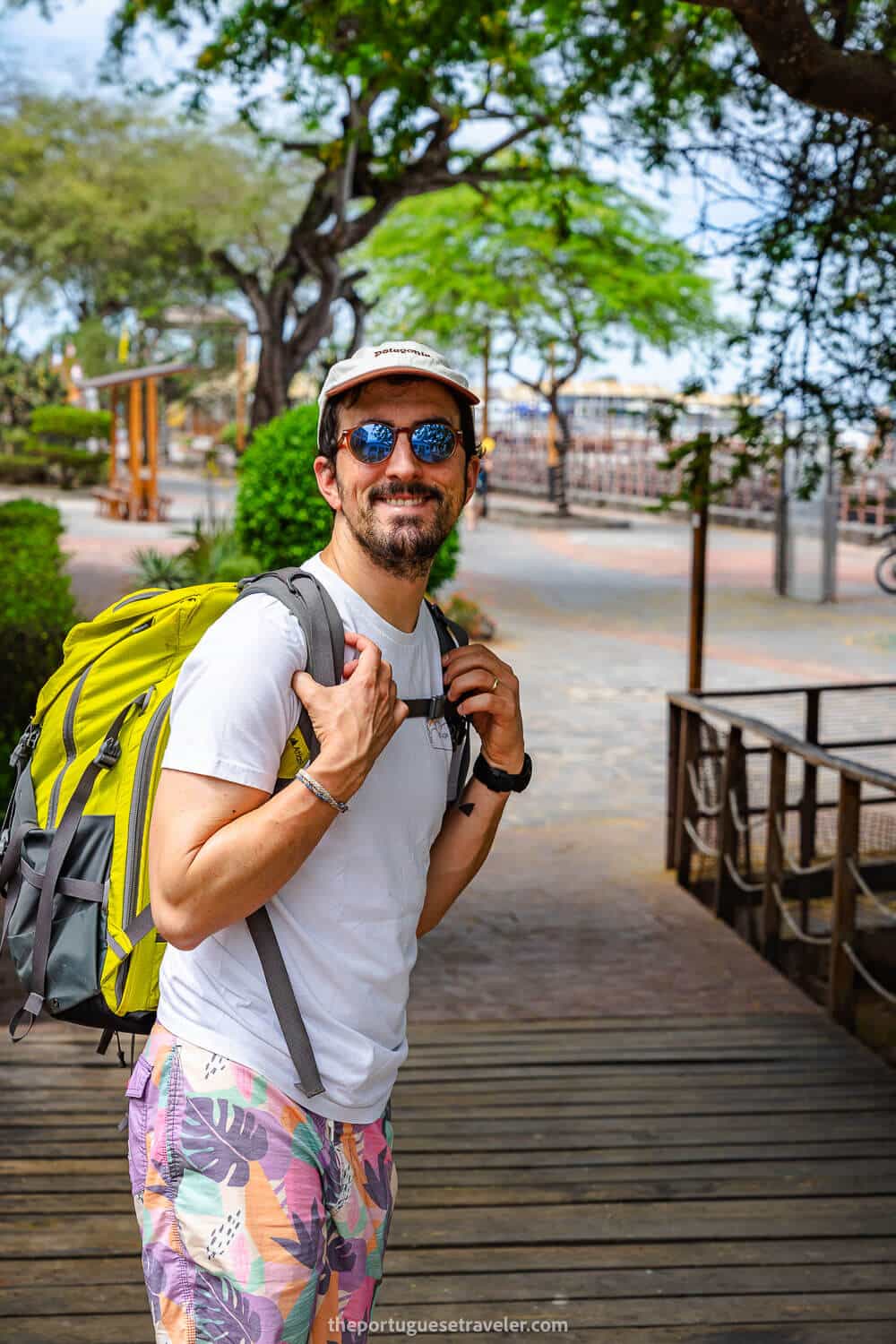 Galapagos Solo Travel - Me with my backpack in Puerto Baquerizo Moreno